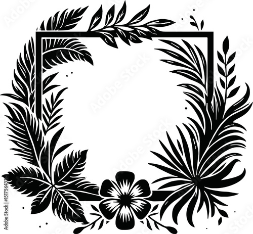 Tropical palm leaf silhouette vector illustration. Black and white tropic foliage vertical border frame. Amazon rainforest plants on a transparent background for beauty and fashion posters, mockups