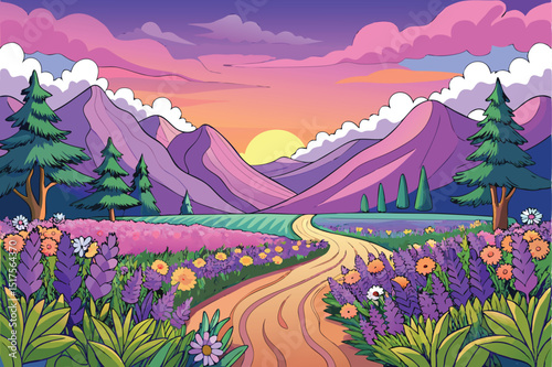 Colorful Cartoon Landscape with Mountains Flowers and a Winding Path at Sunset