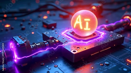 Futuristic AI technology represented by a glowing orb on a circuit board with electric sparks