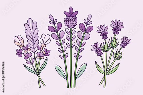 Three Lavender Flower Bouquets in Purple Tones on Light Background