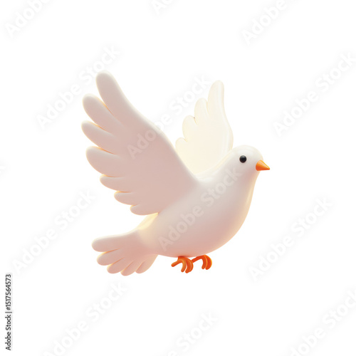 3D white dove bird with wings spread in soft cute style, flying pose with orange feet, isolated on a transparent background, png, cutout