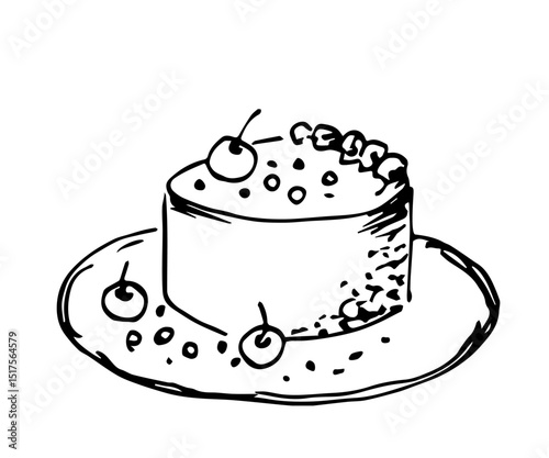 Hand drawn vector ink sketch. Sweet pastry, dessert, berry fruit cake, birthday. Food.