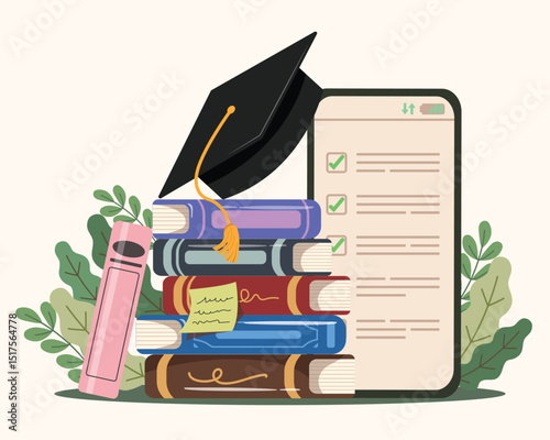 Stack of books with graduation hat and mobile app for check list, Education and knowledge vector concept.