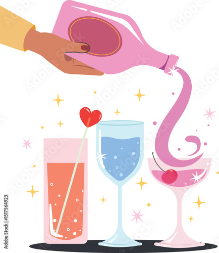 Hand holding bottle of champagne and pouring to glasses, Happy people celebrating birthday party with Wine Or Champagne.