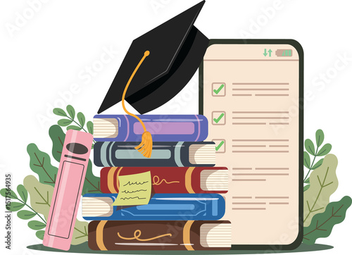 Stack of books with graduation hat and mobile app for check list, Education and knowledge vector concept.
