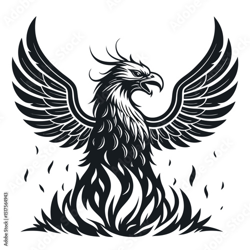 A majestic phoenix head emerging from grey ashes, isolated on a pure white background, showcasing vibrant plumage and intense eyes.