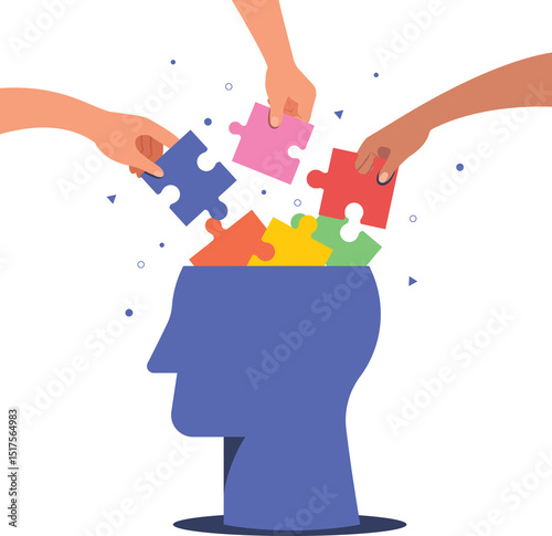 Human head with puzzle pieces, Hand holding puzzle piece, Parts connect, putting puzzle pieces together. 