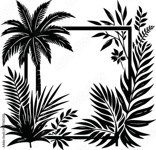 Tropical palm leaf silhouette vector illustration. Black and white tropic foliage vertical border frame. Amazon rainforest plants on a transparent background for beauty and fashion posters, mockups