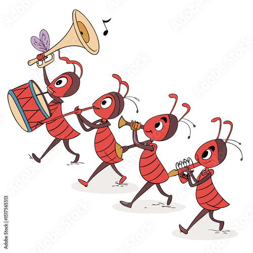 Create a whimsical illustration of a marching band composed of cartoon ants, in uniform, playing instruments, against a pure white background.