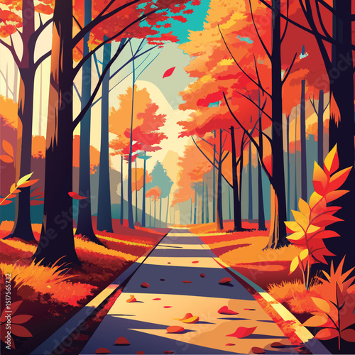 Autumn Path Through Colorful Woods.