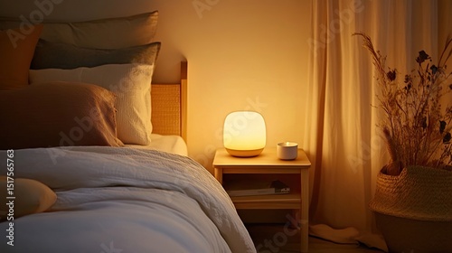 Stylish bedroom with bed, nightstand, and soft night light