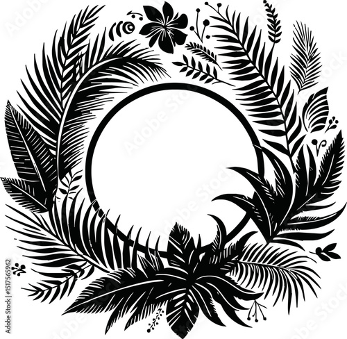 Tropical palm leaf silhouette vector illustration. Black and white tropic foliage vertical border frame. Amazon rainforest plants on a transparent background for beauty and fashion posters, mockups
