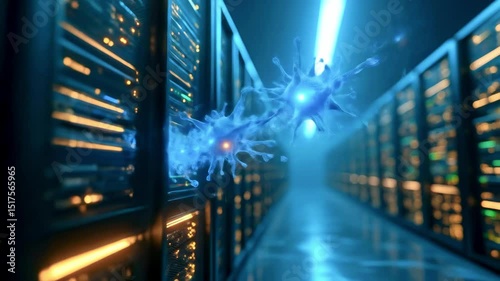 Futuristic data center with glowing servers and digital energy flow illustrating advanced technology
