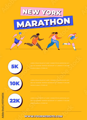 Abstract runners figures. Colorful illustration of group of people, men and women, running marathon together. Running race, people run, colorful poster template