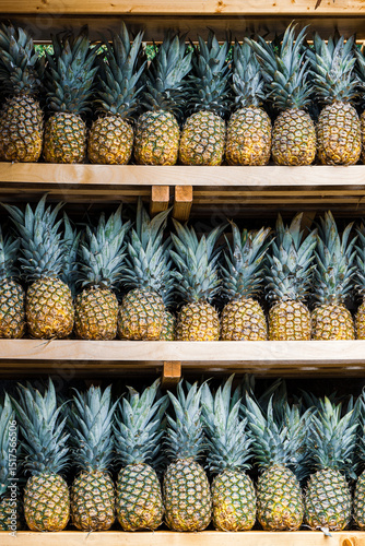 Beautiful, great view of pineapples aligned on a wooden shelf in Funchal, Madeira, Portugal, evoking a summer holiday feeling