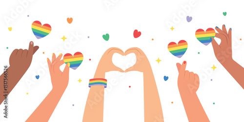 Hands holding LGBT rainbow hearts, LGBTQ community symbols, pride community. Pride Month concept.