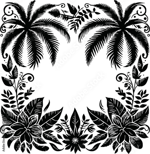 Tropical palm leaf silhouette vector illustration. Black and white tropic foliage vertical border frame. Amazon rainforest plants on a transparent background for beauty and fashion posters, mockups