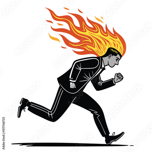 A surreal image of a tiny matchbox man with a flaming head sprinting across a letter 'F', emphasizing movement and absurdity.