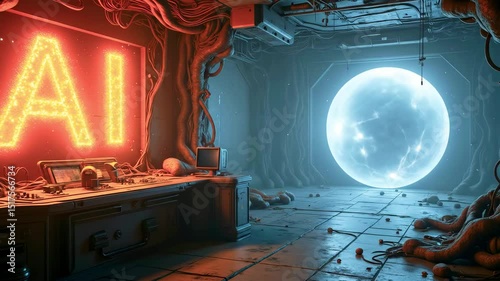 Futuristic laboratory with glowing AI sign, mysterious orb, and organic structures in the background