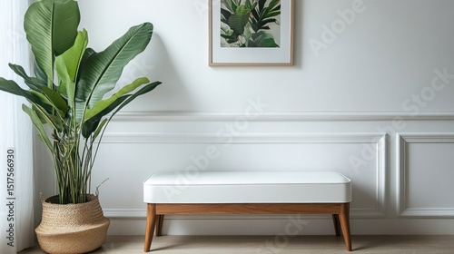 Stylish interior with a white storage bench and vibrant green plant
