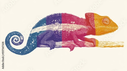 Minimalist stylized chameleon illustration with color blocks, perched on a branch, featuring detailed line work and vibrant hues