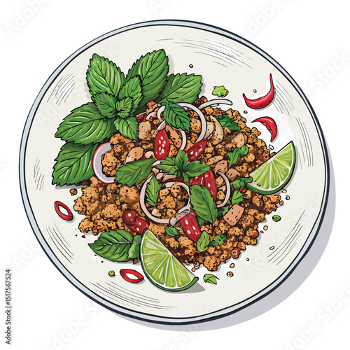 Close-up shot of a vibrant, spicy Larb salad garnished with fresh mint leaves, served on a white plate, isolated on a white background.