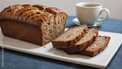 Banana bread loaf sliced on white plate