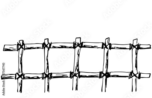 Hand drawn vector ink sketch. Farm, village, wooden fence made of sticks. Plot boundary, vegetable garden.