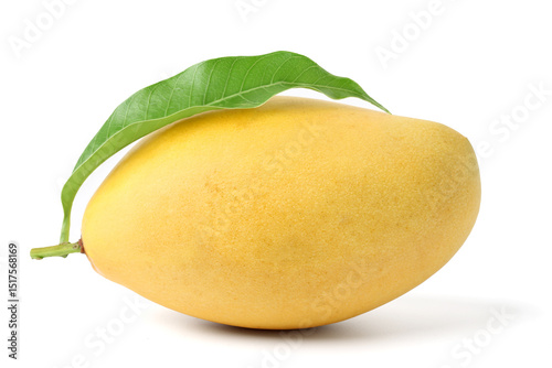 Mango yellow with green leaves cut to reveal juicy yellow flesh. isolated on white background.