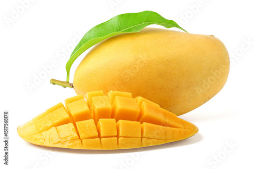 Mango yellow with green leaves cut to reveal juicy yellow flesh. isolated on white background.