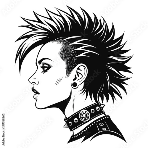 Create a detailed illustration of a punk girl's head, featuring vibrant, spiked hair and a studded choker.  Isolate the head against a pure white background.