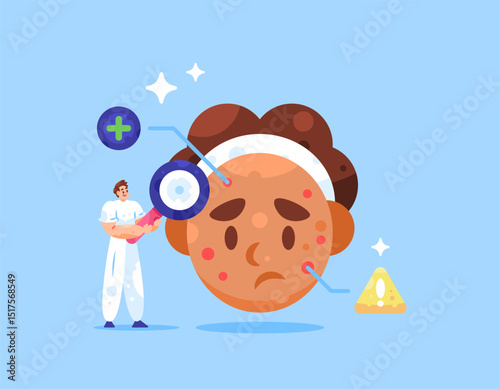 acne face concept. treatment and medication. clinic and consultation. skin problems and diseases. illustration of a dermatologist analyzing and diagnosing acne on a woman's face. flat style design