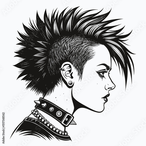 Create a close-up illustration of a punk girl's head, featuring vibrant, spiked hair and a studded choker, isolated on a white background.