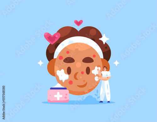 facial care and treatment concept. skin care. clinic, therapy, and consultation. skin problems and diseases. illustration of a dermatologist applying cream to a woman's acne. flat style design