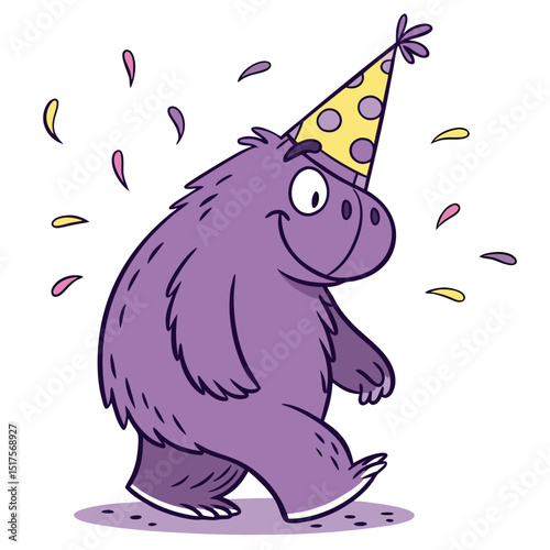 A whimsical purple amoeba-like monster joyfully wears a conical birthday hat, a single candle flickering atop.  (1) indicates a single candle.