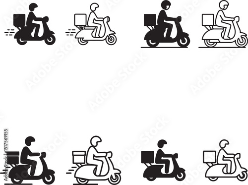 Eight Delivery Scooter Icons with Box, Outline and Silhouette Style, Transparent