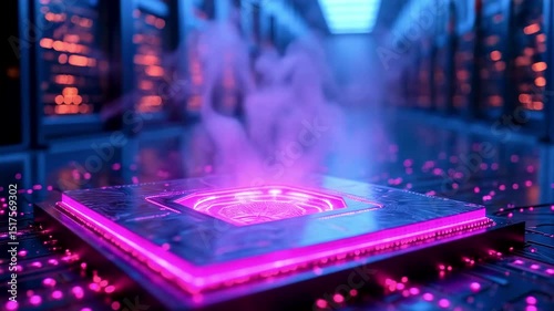 Futuristic microchip glowing with pink light amidst a high-tech data center filled with servers