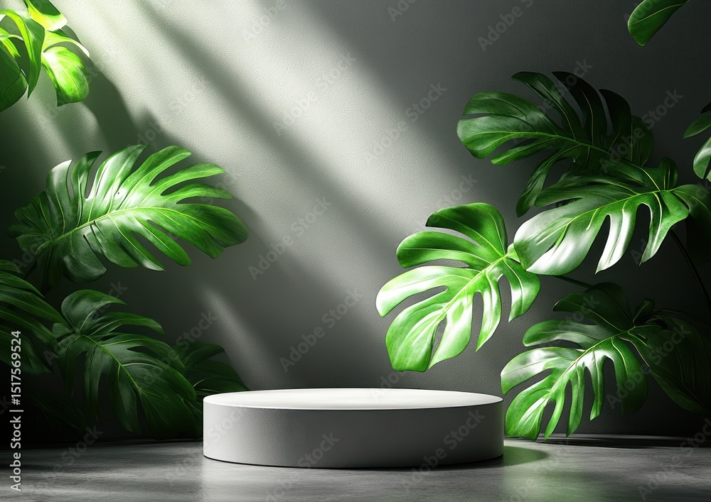 Obraz premium Empty pedestal surrounded by lush tropical foliage.