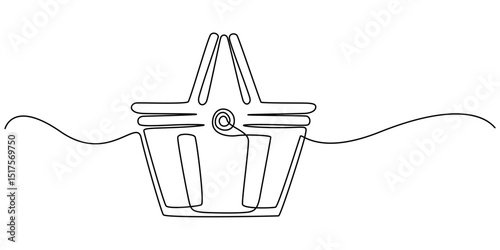 Abstract wicker empty basket, wicker rods, pannier. continuous single one line art hand drawing sketch logo,  empty shopping basket in silhouette sketch on a white background. Linear stylized, minimal