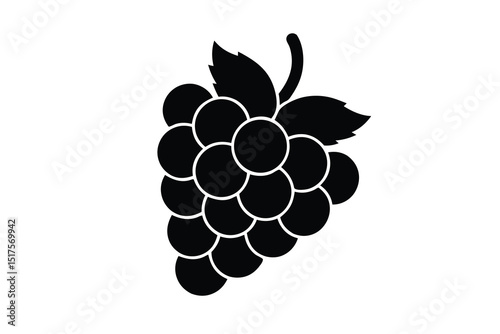 Black grape cluster isolated on white background, with leaves