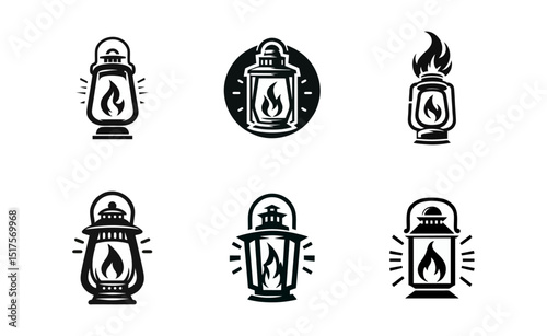 fire lantern simple vector black white modern vintage lantern with fire flame isolated background