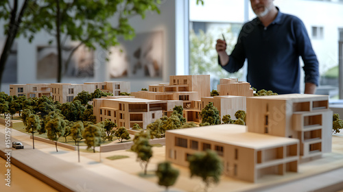 Architect reviewing a detailed model of a modern residential complex with greenery and multiple buildings.