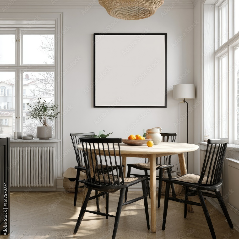Fototapeta premium Bright, modern dining room with blank art
