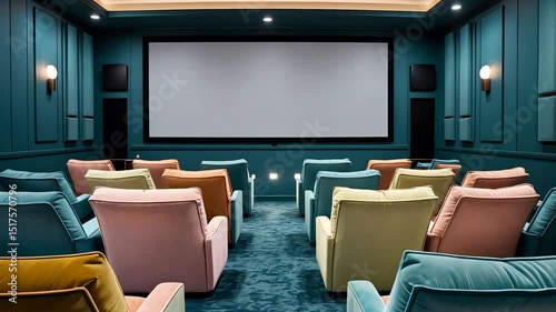 Modern home theater room with large blank screen, colorful recliner chairs, surround sound speakers, and soft ambient lighting setup

 photo