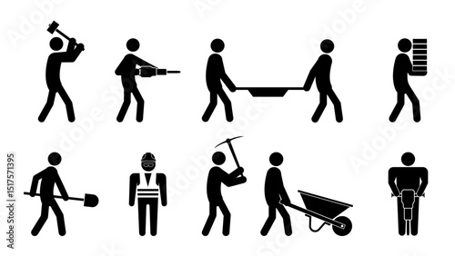 Set of stick figures, construction and repair, flat vector illustration.