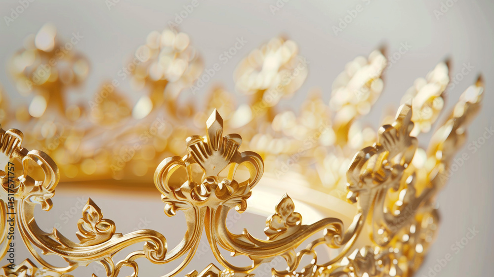 Obraz premium Golden crown with metallic reflections, isolated on white. Symbol of royalty and luxury. ﻿