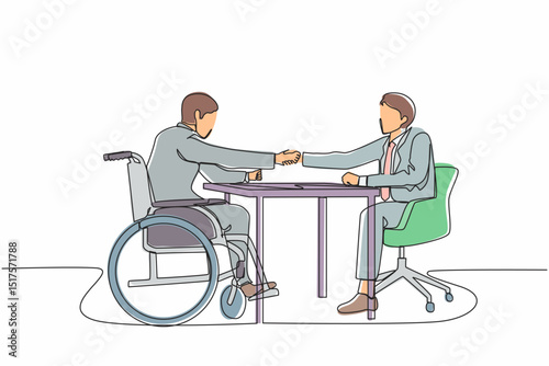 Single continuous line drawing two men meet in office for interview disabled male in wheelchair. Boss sitting across from him shake hands to congratulate on getting job. One line graphic design vector