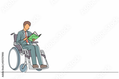 Continuous one line drawing positive student disabled reads book while sitting in wheelchair. Injured guy studying in college. Rehabilitation of disabled people. Single line draw design vector