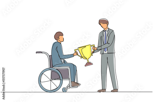 Single one line drawing presenting prize to businessman in wheelchair. Disabled man on wheelchair with trophy cup sharing his joy from achievements and victory. Continuous line draw design vector