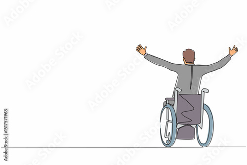 Single one line drawing back view businessman sitting in wheelchair, raising arms in happiness, rehabilitation concept. Happy person raising his hands up for joy. Continuous line draw design vector